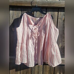 ANDTHEWHY Women's M Tunic Blouse  Pink And White Cut-out Sleeve